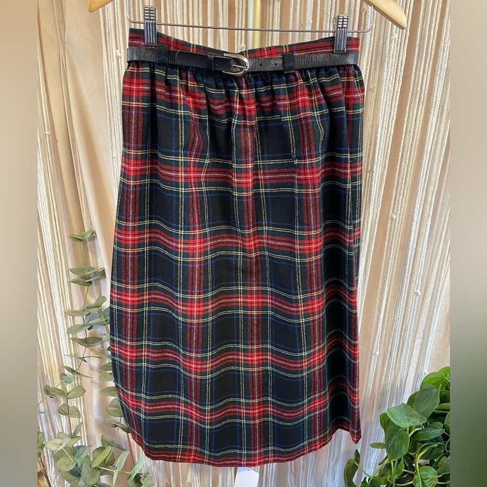 Vintage Alicia Plaid Midi wool blend tartan Skirt with belt size 10 multicolor